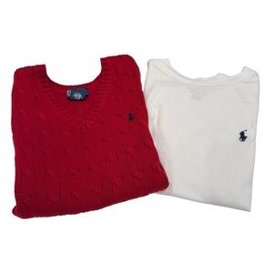 Ralph Lauren Boys 2 PCS Set Red Cotton Cable Knit Vest & White S/S T-Shirt Sz 8